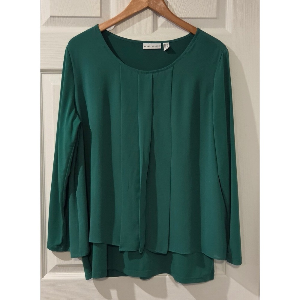 Susan Graver Liquid Knit Chiffon Overlay Top Women's L Kelly Green Long Sleeve